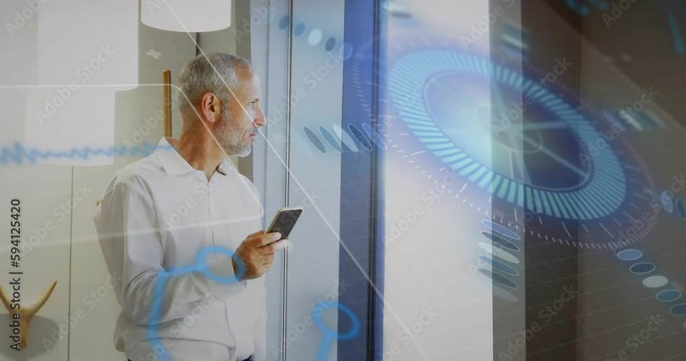 Aufkleber animation of data processing over caucasian businessman using phone in office