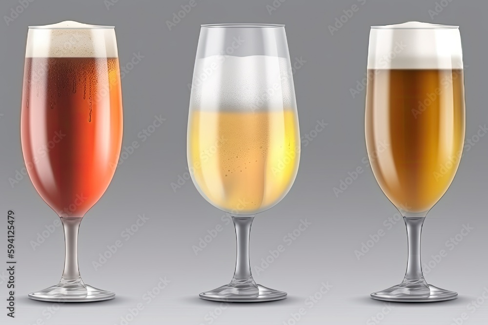 Aufkleber three glasses of beer with different colors and foam levels. generative ai