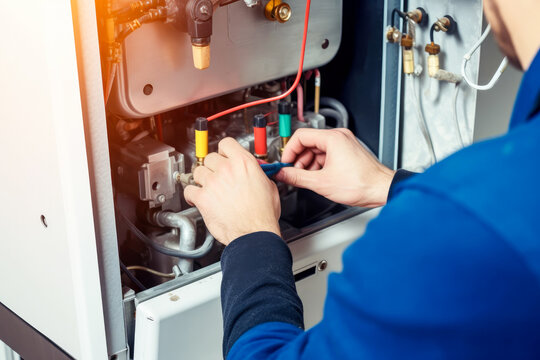 Repairman fixing a broken electric boiler or furnace with focus on his hand. High quality generative ai