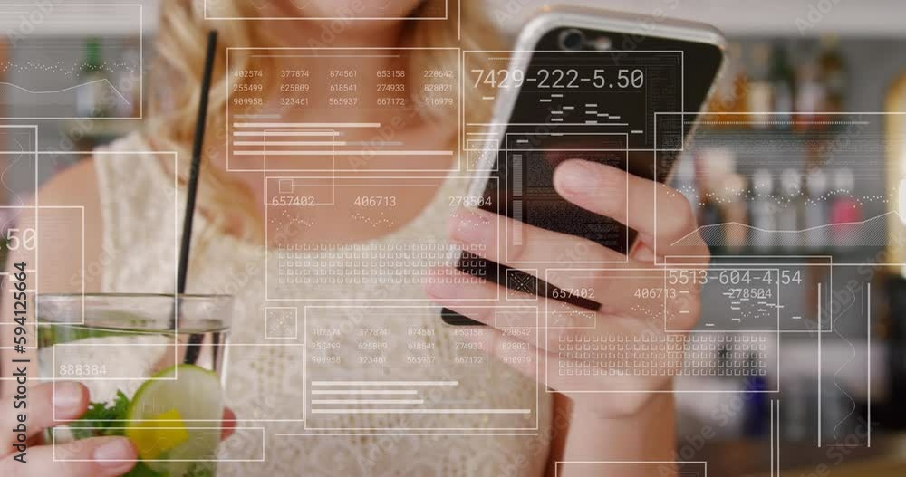 Aufkleber animation of data processing over mid section of a caucasian woman using smartphone at a bar