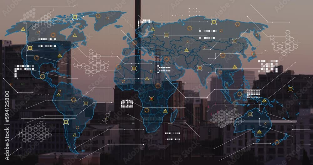 Poster animation of world map and data processing against aerial view of cityscape