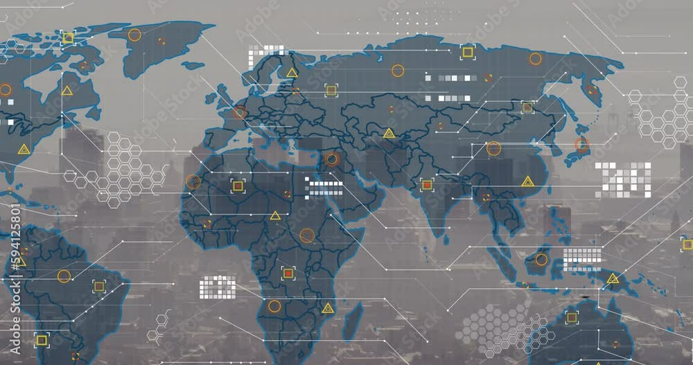Poster Animation of world map and data processing against aerial view of cityscape