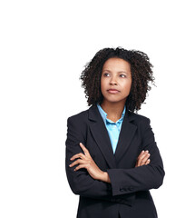Thinking, business and black woman with arms crossed on isolated, transparent and png background....