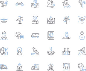 Fun-filled quests line icons collection. Adventure, Questing, Exploration, Treasure, Discovery, Challenge, Puzzle vector and linear illustration. Excitement,Thrills,Adrenaline outline signs set