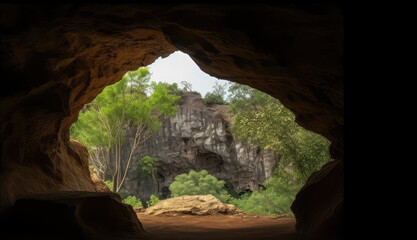 Natural window in a cave facing a grove. Generative AI