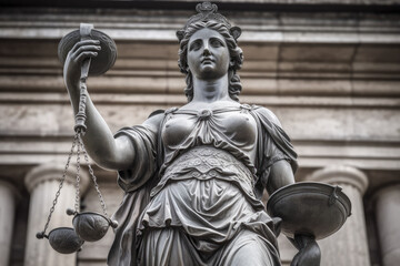 Stone statue of Themis, Goddess or Lady of Justice holding Law Scales. High quality Generative AI
