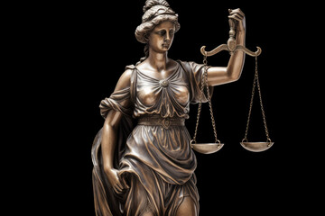 Obraz premium Bronze statue of Themis, Goddess or Lady of Justice holding Law Scales. Dark background with copyspace. High quality Generative AI