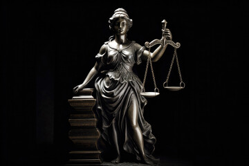 Obraz premium Bronze statue of Themis, Goddess or Lady of Justice holding Law Scales. Dark background with copyspace. High quality Generative AI