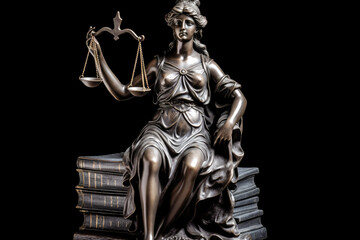 Bronze statue of Themis, Goddess or Lady of Justice holding Law Scales. Dark background with copyspace. High quality Generative AI