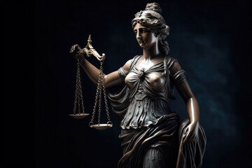 Fototapeta na wymiar Bronze statue of Themis, Goddess or Lady of Justice holding Law Scales. Dark background with copyspace. High quality Generative AI
