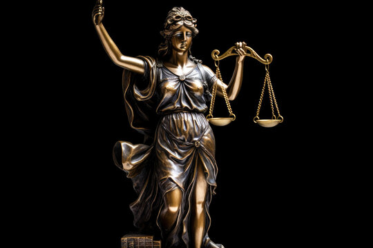 Bronze statue of Themis, Goddess or Lady of Justice holding Law Scales. Dark background with copyspace. High quality Generative AI