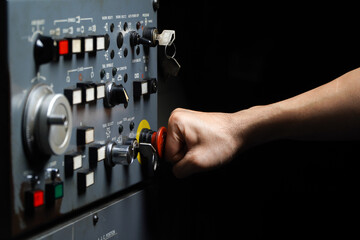 Press the emergency button on cnc machine control panel at factory,concept of prevention before damage of CNC machines