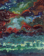 Fototapeta na wymiar dramatic starry sky over night city, oil painting