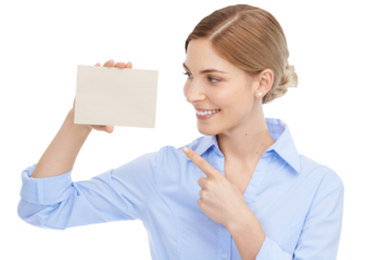 Business, smile and woman pointing to card, sales and success isolated on a transparent studio background. Female employee, consultant and worker with poster, brand development and on png backdrop