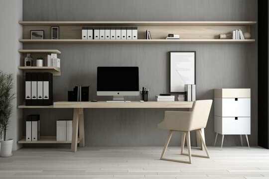 Modern homeoffice interior with desk and computer. 3d Rendering. Generative AI