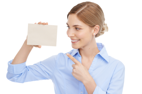 Business, smile and woman pointing to card, sales and success isolated on a transparent studio background. Female employee, consultant and worker with poster, brand development and on png backdrop