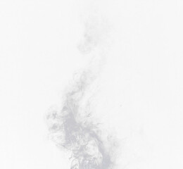 Grey smoke swirl, white background and studio with no people with fog in the air. Smoking, smog and isolated with smoker art from cigarette or pollution with graphic space for incense creativity