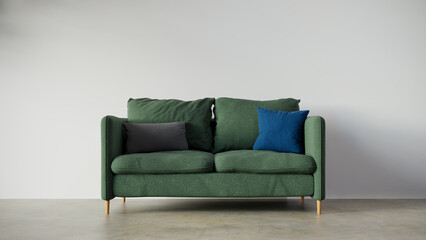 Front view of a two-seater green sofa with a white wall behind it. 3d rendering