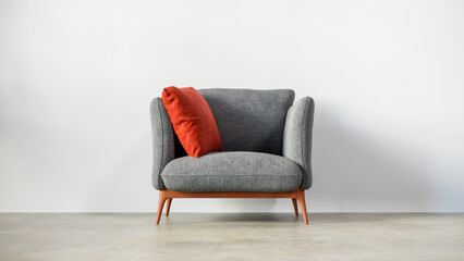 Front view of a 1-seater gray fabric sofa with a white wall behind it. 3d rendering