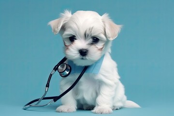 cute white dog wearing a stethoscope around its neck. Generative AI