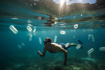 Naklejka na ściany i meble Man swimming underwater with plastic bottles and other waste floating around him, high quality generative ai