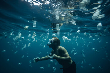 Fototapeta na wymiar Man swimming underwater with plastic bottles and other waste floating around him, high quality generative ai