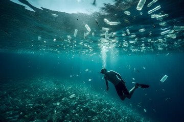 Man swimming underwater with plastic bottles and other waste floating around him and on an ocean floor high quality generative ai