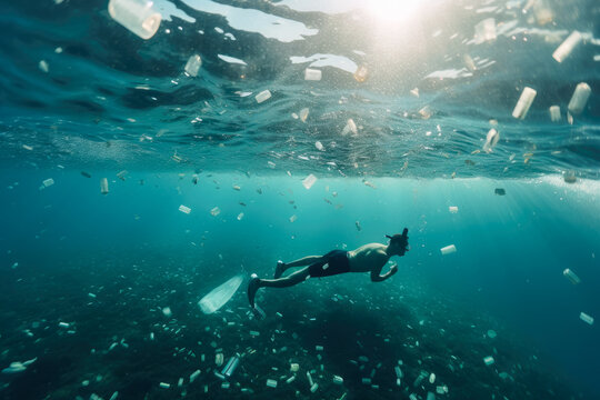 Man swimming underwater with plastic bottles and other waste floating around him, high quality generative ai