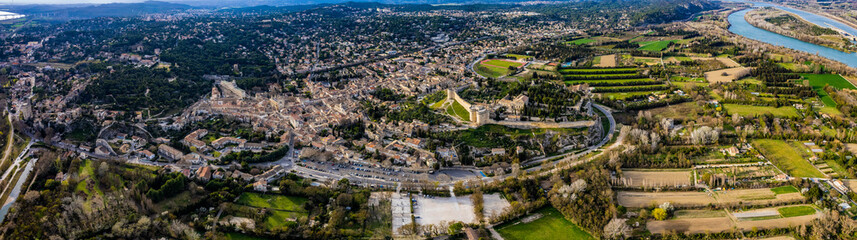 Aerial of the city Villeneuve-lès-Avignon in France on a sunny afternoon in spring	
