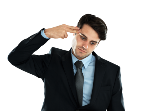 Stress, business and man with a hand gun, burnout and depressed guy isolated against a transparent background. Male professional, model and worker with depression, suicide and mental health with png