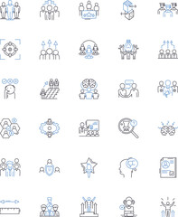 Office staff line icons collection. Productivity, Meetings, Computer, Coffee, Organized, Collaboration, Communication vector and linear illustration. Motivated,Multitasking,Professional outline signs