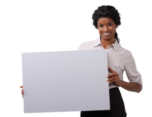 Mockup, sign and portrait of woman with poster for advertising, product placement or marketing. Happy, smile and Indian female model with blank paper or board with mock up isolated by png background.
