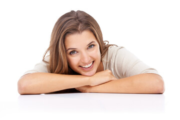 Woman, face and happy portrait with beauty and smile isolated on a png, transparent background....