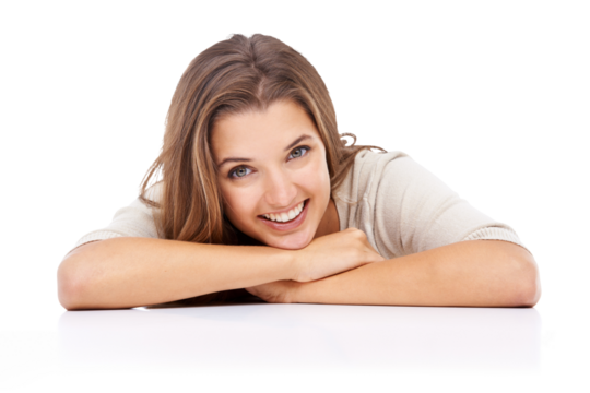 Woman, face and happy portrait with beauty and smile isolated on a png, transparent background. Young female model person with a positive mindset, natural skin and happiness or laughing at table - Powered by Adobe