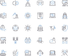 Robotic innovations line icons collection. Automation, Robotics, Artificial intelligence, Sensing, Machine learning, Mechanization, Robotics automation vector and linear illustration. Programming