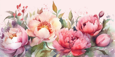 card with flowers, spring banner with peonies, woman's day, mother's day, birthday card, Generative AI
