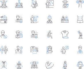Employee ethos line icons collection. Integrity, Commitment, Responsibility, Diligence, Reliability, Trusrthiness, Accountability vector and linear illustration. Perseverance,Respectfulness