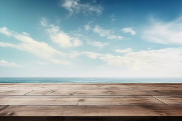 Fototapeta na wymiar Wooden table top against a blurred background of a summer sky and sea. Copy room for your product's montage or display design. Generative AI