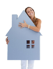 Woman, happy smile and house cutout hug for real estate, household investment and vision. Realtor...