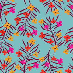 Light blue with pink, yellow-orange flowers with brick brown leaves elements seamless pattern background design.