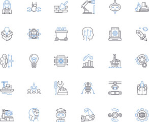 Engineering line icons collection. Innovation, Design, Mechanism, Optimization, Analysis, Construction, Invention vector and linear illustration. Sustainability,Precision,Efficiency outline signs set