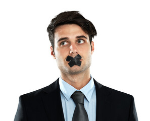 Thinking, censorship and PNG with a business man isolated on a transparent background for silence...