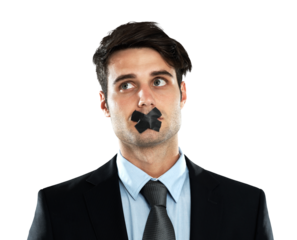 Thinking, censorship and PNG with a business man isolated on a transparent background for silence or secrecy. Face, mouth or tape and a male employee with a human rights or speech violation at work