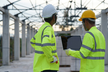 Construction supervision engineering team construction manager and architect working on building...