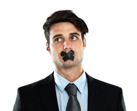 Thinking, censorship and PNG with a business man isolated on a transparent background for silence or secrecy. Face, mouth or tape and a male employee with a human rights or speech violation at work - Powered by Adobe