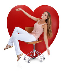Portrait, woman and chair by big heart isolated on a transparent png background. Beauty, love and...