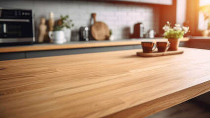 Naklejka na ściany i meble Wooden texture table top on blurred kitchen window background. For product display or design key visual layout. For showcase or montage your items (or foods). Product display mock up. Generative AI