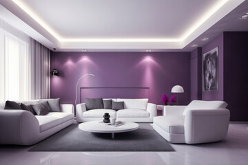 Fototapeta na wymiar Modern living room in purple or violet theme. High quality generative ai