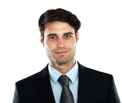 Portrait, business and man with confidence, startup and guy isolated against a transparent background. Face, male employee and consultant with growth, skills and formal with png, company and agent