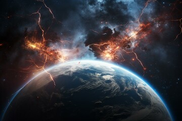 Plakat Eartth apocalypse concept. Fire and ice space lightnings. Generative AI